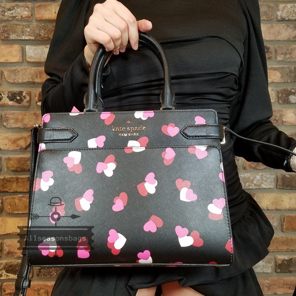Kate Spade Staci Medium Top Zip Satchel Crossbody Flutter Heart Black Pink NWT